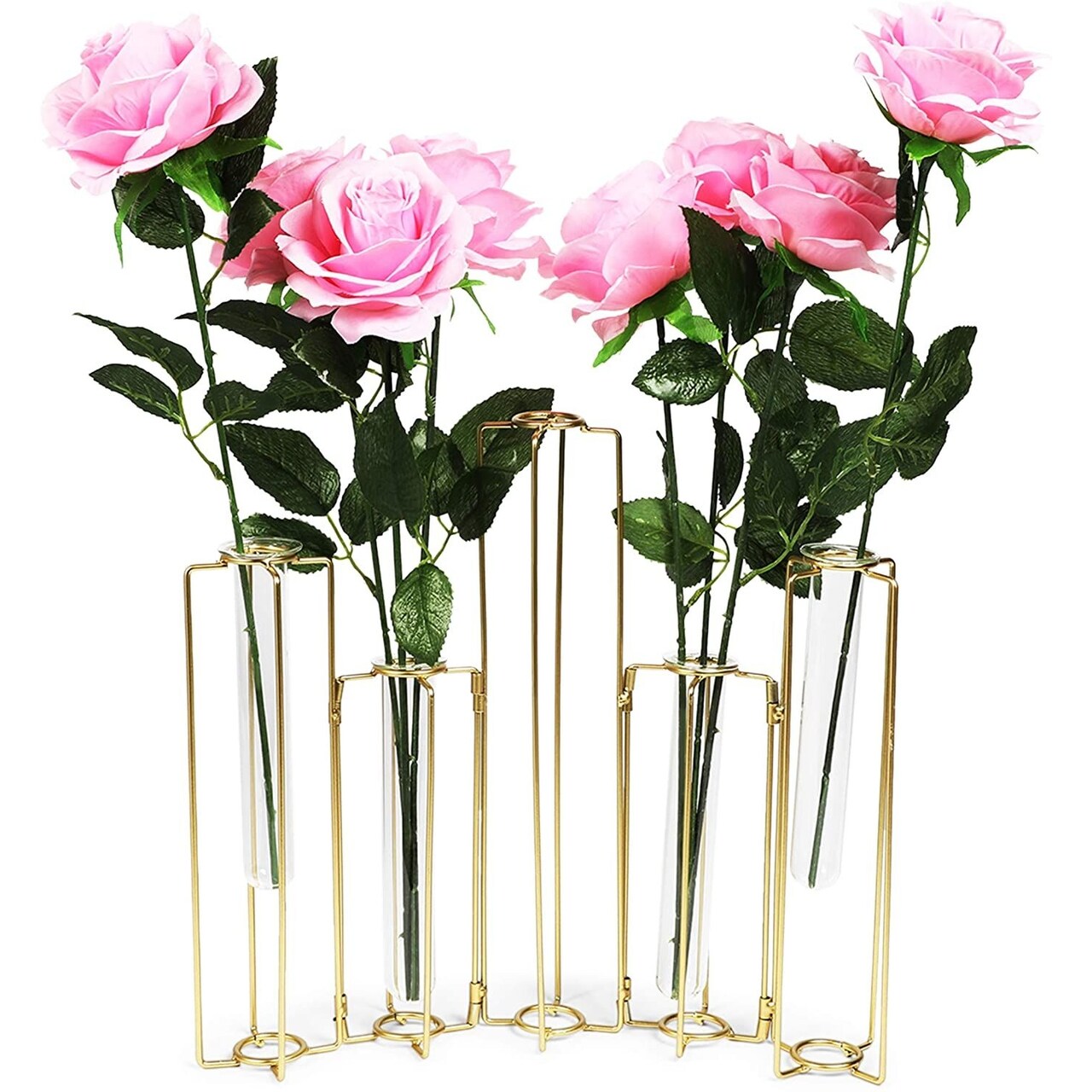 Juvale 6-Pack Metal Hinged Bud Vases Stand - 14 x 11.8 in, Gold, Modern - Lantern Centerpieces, Tulipiere & Flower Stick Holder with Metal & Glass Test Tube Floral Vases